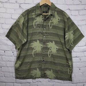 Izod Mens Short Sleeve 100% Silk Hawaiian Shirt Palm‎ Tree Print Green L